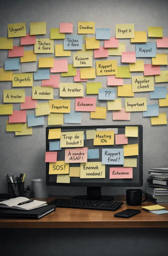 Post-it sur un mur représentant le stress